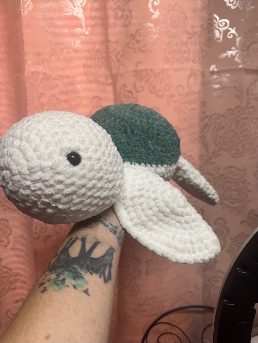Handmade White and Green Plush Turtle Toy - Soft Crochet jumbo plush